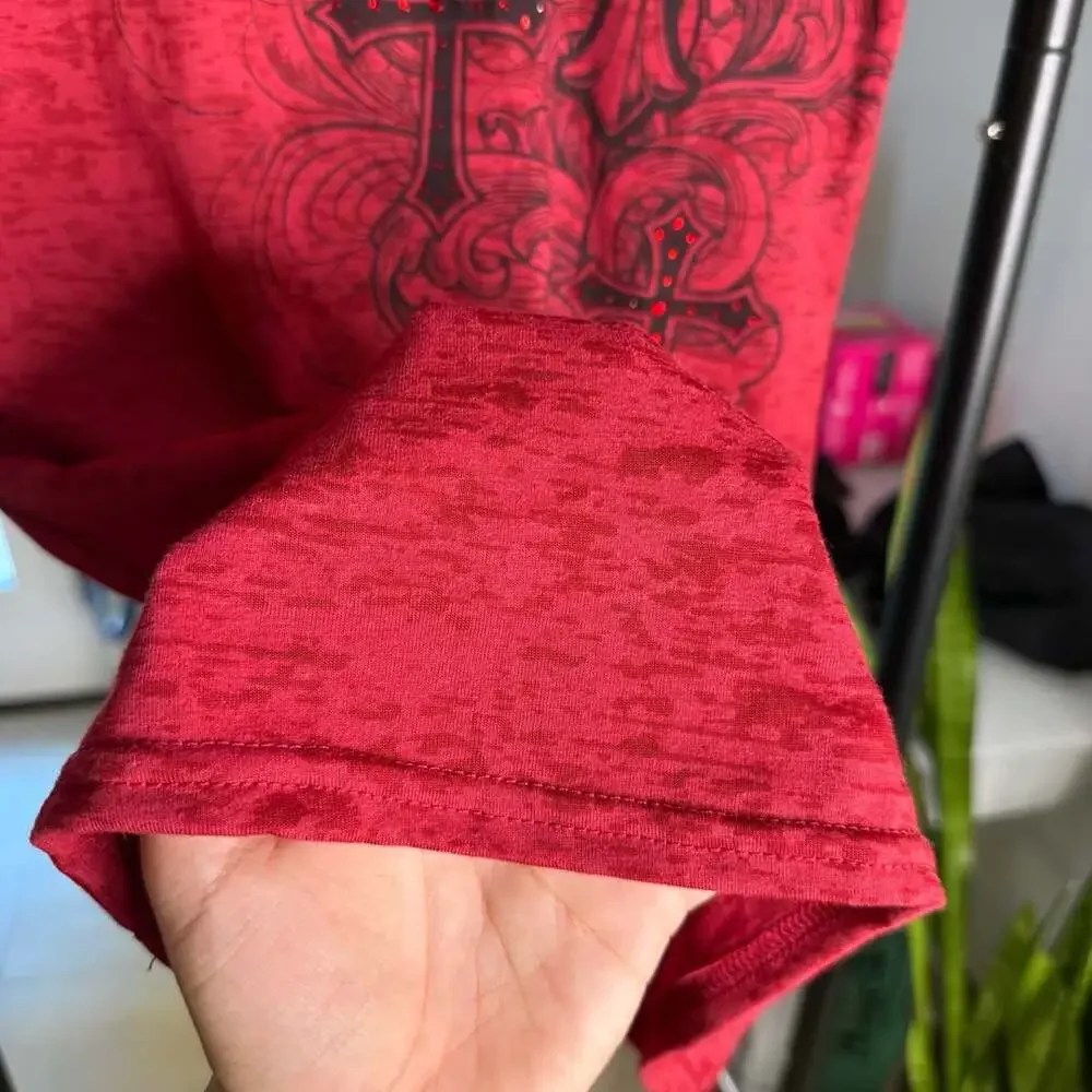 Vintage Fatal Rose Rhinestone Cross Red T-Shirt